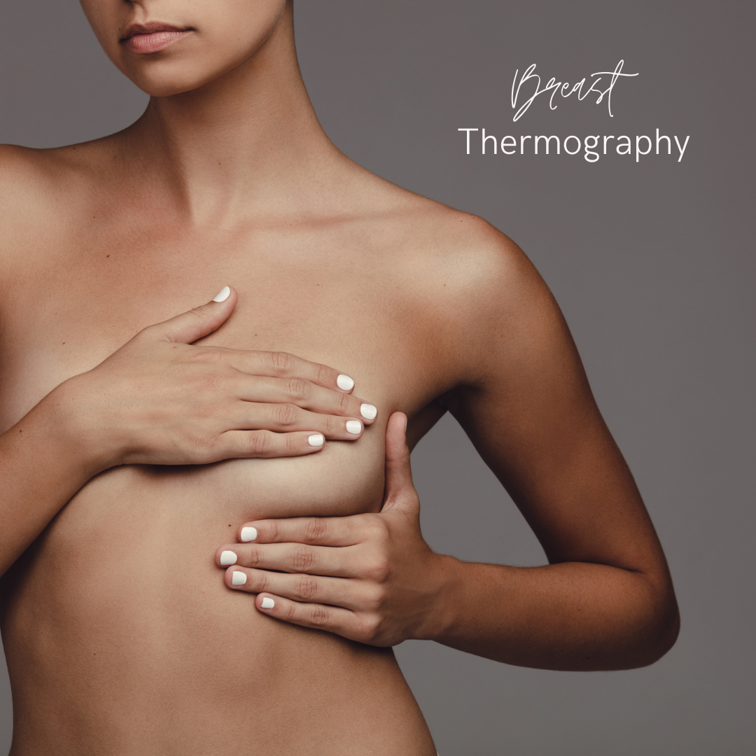 Woman gently covering her breast with the words "Breast Thermography" above image